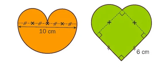 Deux cœurs orange et vert Deux cœurs, l'un orange de largeur 10 cm, l'autre vert formé d'un carré de côté 6 cm et de deux demi-cercles — exercice de maths en 6ème sur le périmètre de figures composées