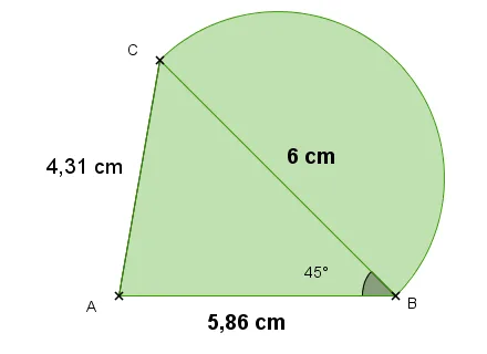 Triangle ABC et demi-disque vert Figure verte formée du triangle ABC avec AB = 5,86 cm, AC = 4,31 cm, BC = 6 cm, angle de 45° en B, et d'un demi-disque — exercice de maths en 6ème sur le périmètre et les conversions
