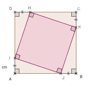 Carré HIJK dans le carré ABCD Carré HIJK incliné inscrit dans le carré ABCD de 4 cm de côté avec AI = 1 cm — exercice de maths en 6ème sur l'aire de carrés imbriqués