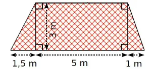 Morceau de tissu en trapèze Trapèze rectangle quadrillé de rouge, hauteur 3 m, bases décalées de 1,5 m et 1 m, largeur centrale 5 m — exercice de maths en 6ème sur les aires et périmètres