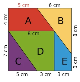 Puzzle carré de cinq pièces A à E Puzzle carré découpé en cinq pièces A, B, C, D, E colorées avec côtés 5 cm, 6 cm, 8 cm, 4 cm, 7 cm et 3 cm — exercice de maths en 6ème sur la proportionnalité et les agrandissements