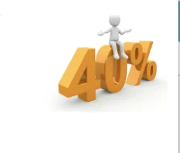 Personnage assis sur 40 % Petit personnage blanc assis sur le grand nombre orange 40 % pour une remise de soldes — exercice de maths en 6ème sur les pourcentages