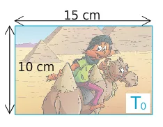 Photo T0 de 15 cm sur 10 cm Photo T0 d^{\prime}un personnage à moustache à dos de chameau devant des pyramides, de 15 cm sur 10 cm — exercice de maths en 6ème sur les agrandissements et la proportionnalité