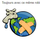 Robinet et Terre avec pansements Robinet qui goutte au-dessus d’une planète Terre portant deux pansements — exercice de maths en 6ème sur la proportionnalité et le débit d’eau