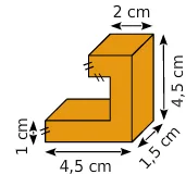 Pièce orange en L Pièce de jeu orange en forme de L avec cotes 2 cm, 4,5 cm, 1 cm et 1,5 cm — exercice de maths en 6ème sur les volumes de solides