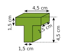Pièce verte en T Pièce de jeu verte en forme de T avec cotes 4,5 cm, 1,5 cm — exercice de maths en 6ème sur la comparaison de volumes de solides