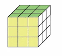 Cube de trois cubes d'arête Cube de 3 petits cubes d'arête sur 3 jaune et vert — exercice de maths en 6ème sur les volumes et cubes