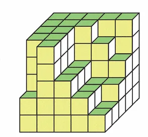 Cube en construction Cube en construction à moitié empilé de petits cubes jaunes — exercice de maths en 6ème sur le dénombrement de cubes et volumes