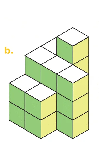 Solide b en cubes Solide b empilement de cubes verts et jaunes en escalier — exercice de maths en 6ème sur le volume en unités de volume
