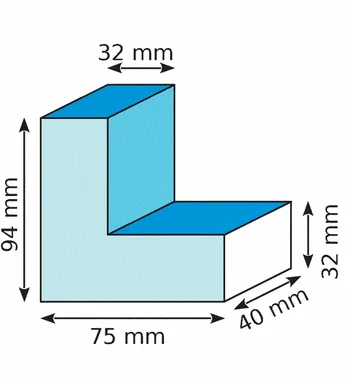 Solide en L en millimètres Solide en L de 94 mm, 75 mm, 32 mm et 40 mm — exercice de maths en 6ème sur le volume de parallélépipèdes accolés