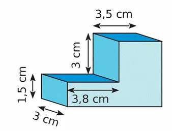 Solide en escalier en centimètres Solide en escalier de 3,5 cm, 3 cm, 1,5 cm, 3,8 cm — exercice de maths en 6ème sur le volume de parallélépipèdes accolés