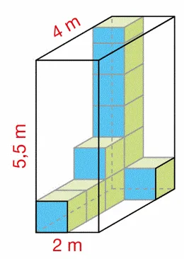 Pavé droit en cours de remplissage Pavé droit de 2 m, 4 m et 5,5 m en cours de remplissage par des cubes d'arête 1 m — exercice de maths en 6ème sur le volume d'un pavé