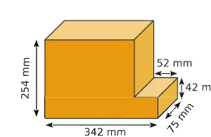 Solide orange en L Solide orange en L de dimensions 342 mm, 254 mm, 75 mm, 52 mm et 42 mm — exercice de maths en 6ème sur le volume de solides