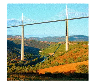 Viaduc de Millau Photographie du Viaduc de Millau, pont à haubans au-dessus d’une vallée, pour des conversions d’unités de volume en 6ème