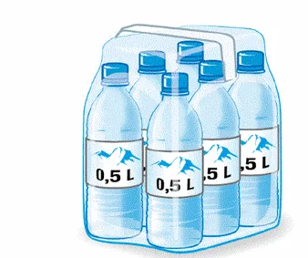 Pack de bouteilles de 0,5 L Pack de six bouteilles d'eau de 0,5 L dans un emballage plastique, exercice de comparaison de contenances en 6ème sur les volumes