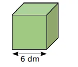 Cube d'arête 6 dm Cube vert d'arête 6 dm, de même volume que le pavé droit voisin, exercice de volumes en 6ème