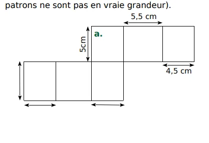 Patron a avec longueurs manquantes Patron a de pavé droit avec longueurs 5,5 cm, 5 cm et 4,5 cm données et longueurs manquantes à compléter en 6ème sur les volumes