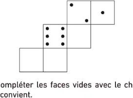 Patron d'un dé cubique Patron d'un dé cubique avec des faces portant 1, 2, 3 et 6 points et deux faces vides à compléter, exercice de patrons en 6ème