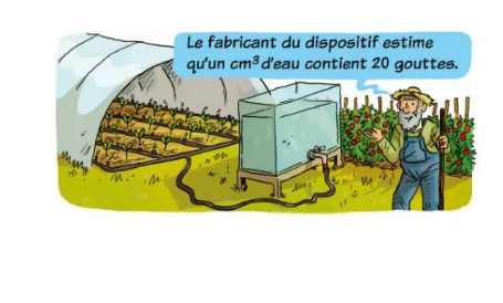 Tom et sa cuve d’eau Agriculteur dans une serre à côté d’une cuve d’eau reliée au goutte-à-goutte des plants de tomates, problème de volumes en 6ème