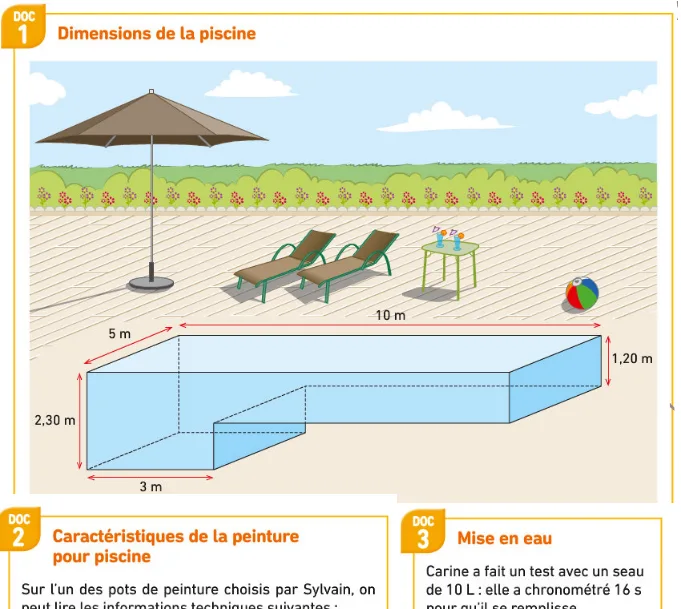 Piscine en L et ses dimensions Piscine en forme de L au bord d'une terrasse avec parasol et transats, dimensions 10 m, 5 m, 3 m, 2,30 m et 1,20 m, problème de volumes en 6ème