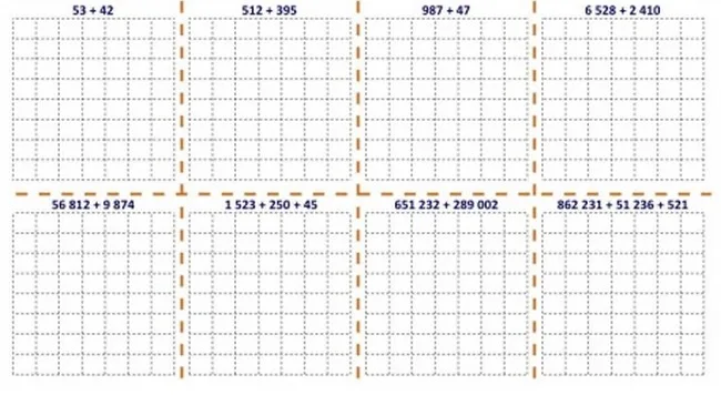 Quadrillages pour poser les additions Huit quadrillages vides pour poser et effectuer des additions d'entiers — exercice de maths en 6ème sur la technique opératoire de l'addition