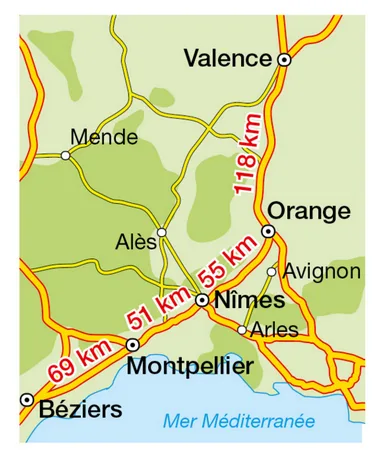 Carte routière avec distances en km Carte routière Valence, Orange, Nîmes, Montpellier, Béziers avec distances 118 km, 55 km, 51 km et 69 km — exercice de maths en 6ème sur l'addition
