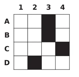 Grille de mots croisés 4 par 4 Grille de mots croisés de 4 lignes A à D et 4 colonnes avec trois cases noires — exercice de maths en 6ème sur la division euclidienne et décimale : multiples et diviseurs