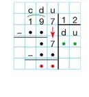 Division posée de 197 par 12 Division euclidienne de 197 par 12 posée sur quadrillage avec cases à compléter — exercice de maths en 6ème sur la division euclidienne et décimale
