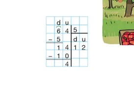 Division posée de 64 par 5 Division euclidienne de 64 par 5 posée sur quadrillage avec quotient 12 et reste 4 — exercice de maths en 6ème sur la division euclidienne et décimale