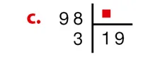 Division de 98 à compléter Division posée de 98 par un diviseur inconnu avec quotient 19 et reste 3 — exercice de maths en 6ème sur la division euclidienne et décimale