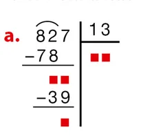 Division de 827 par 13 à compléter Division euclidienne de 827 par 13 posée avec des cases rouges à compléter — exercice de maths en 6ème sur la division euclidienne et décimale