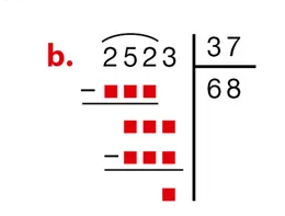Division de 2523 par 37 à compléter Division euclidienne de 2523 par 37 de quotient 68 avec cases rouges à compléter — exercice de maths en 6ème sur la division euclidienne et décimale