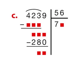 Division de 4239 par 56 à compléter Division euclidienne de 4239 par 56 de quotient 7 avec cases rouges à compléter — exercice de maths en 6ème sur la division euclidienne et décimale