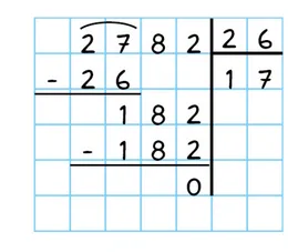 Copie de Steven : division de 2782 par 26 Division posée de 2782 par 26 sur quadrillage avec quotient 17 et reste 0, copie de Steven — exercice de maths en 6ème sur la division euclidienne et décimale