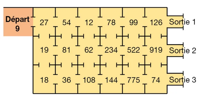 Labyrinthe de multiples de 9 Labyrinthe de pièces numérotées avec départ 9 et trois sorties, à parcourir par les multiples de 9 — exercice de maths en 6ème sur la division euclidienne et décimale