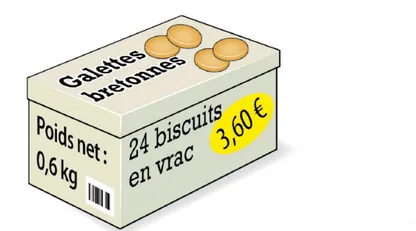 Boîte de 24 galettes à 3,60 euros Boîte de galettes bretonnes : 24 biscuits en vrac, poids net 0,6 kg, prix 3,60 euros — exercice de maths en 6ème sur la division euclidienne et décimale