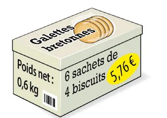 Boîte de 6 sachets à 5,76 euros Boîte de galettes bretonnes : 6 sachets de 4 biscuits, poids net 0,6 kg, prix 5,76 euros — exercice de maths en 6ème sur la division euclidienne et décimale