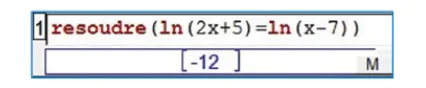 Copie d’écran du logiciel Xcas Copie d’écran du logiciel Xcas résolvant l’équation ln(2x+5)=ln(x-7) avec pour résultat la liste contenant -12 — exercice de maths en terminale sur le logarithme népérien