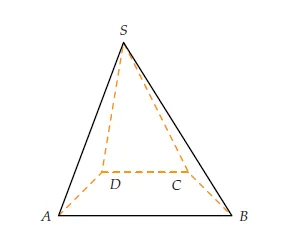 Pyramide ABCDS à base trapézoïdale Pyramide ABCDS de sommet S dont la base ABCD est un trapèze, arêtes cachées en pointillés — exercice de maths en terminale sur les plans de l’espace