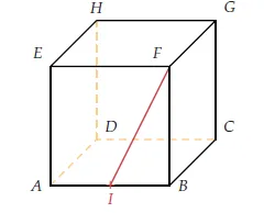 Cube avec I milieu de AB Cube ABCDEFGH avec I milieu de AB et segment rouge IF tracé sur la face avant — exercice de maths en terminale sur les sections de cube