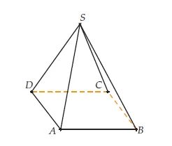 Pyramide à base carrée SABCD Pyramide à base carrée SABCD de sommet S avec arêtes cachées en pointillés — exercice de maths en terminale sur droites et plans de l’espace