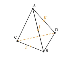Tétraèdre ABCD avec points I, J, K Tétraèdre régulier ABCD avec les milieux I de BC, J de AB et K de AD — exercice de maths en terminale sur droites et plans de l’espace