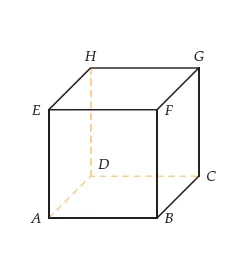 Cube ABCDEFGH en perspective Cube ABCDEFGH avec arêtes cachées en pointillés orange — exercice de maths en terminale sur l’orthogonalité de droites et de plans dans l’espace
