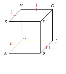 Cube avec milieux I, J, K et L Cube ABCDEFGH avec I milieu de BC, J milieu de GH, K milieu de AD et L milieu de EH — exercice de maths en terminale sur les vecteurs