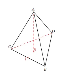 Tétraèdre régulier ABCD avec milieu I Tétraèdre régulier ABCD avec I milieu de BC et centre S — exercice de maths en terminale sur l’orthogonalité dans l’espace