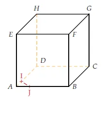 Cube avec points I et J Cube ABCDEFGH avec les points I sur AD et J sur AB au tiers de chaque arête — exercice de maths en terminale sur l’orthogonalité