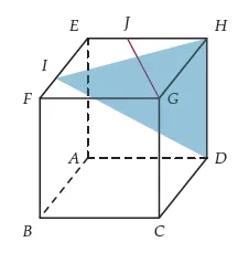 Cube avec points I J et plan bleu Cube ABCDEFGH d’arête 1 avec les points I et J, un triangle bleu IHD et le segment GJ, maths en Terminale S sur orthogonalité dans l’espace