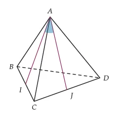 Tétraèdre régulier ABCD et angle IAJ Tétraèdre régulier ABCD d’arête 2 avec I milieu de BC, J milieu de CD et l’angle IAJ coloré, maths en Terminale S sur le produit scalaire