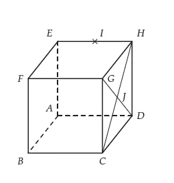 Cube ABCDEFGH avec points I et J Cube ABCDEFGH d^{\prime}arête a avec I milieu de l^{\prime}arête EH et J centre de la face CDHG — exercice de maths en Terminale sur le produit scalaire dans l^{\prime}espace