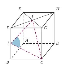 Cube avec le triangle IJC Cube ABCDEFGH de côté 1 avec I centre de la face EFGH, J milieu de BF et triangle IJC — exercice de maths en Terminale, produit scalaire dans l’espace